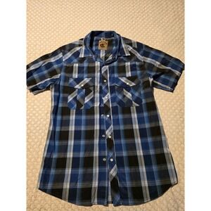 Coevals Club Western Shirt Mens Medium Blue Black Plaid Pearl Snap Excellent SS